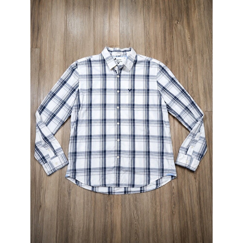 American Eagle Outfitters Mens XL Athletic Fit Plaid Button Down Shirt Blue Gray